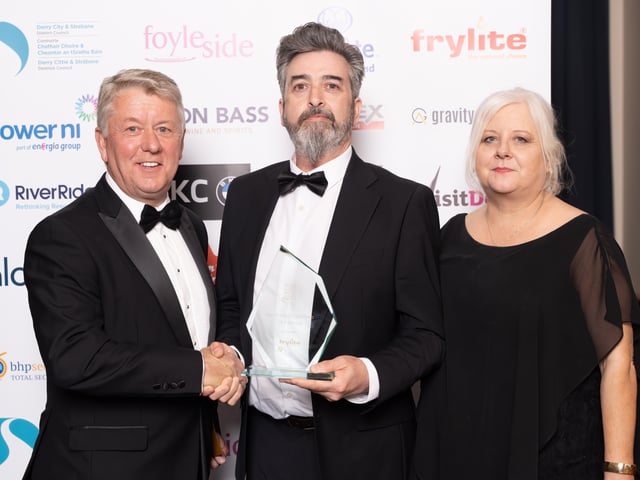 Justin and Bronagh McNichol of Hidden City Café, winner of the NW Food Hero of the Year award, pictured with award sponsor, Eamon McCay of Frylite.