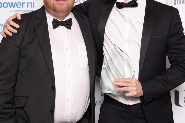 Colin Mullan of Find Insurance, winner of the NW Small Business of the Year award, pictured with the award sponsor, Peter McVerry of U105.