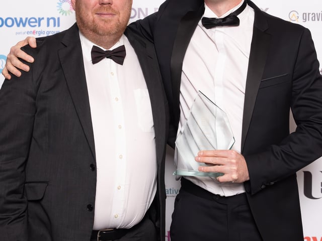 Colin Mullan of Find Insurance, winner of the NW Small Business of the Year award, pictured with the award sponsor, Peter McVerry of U105.