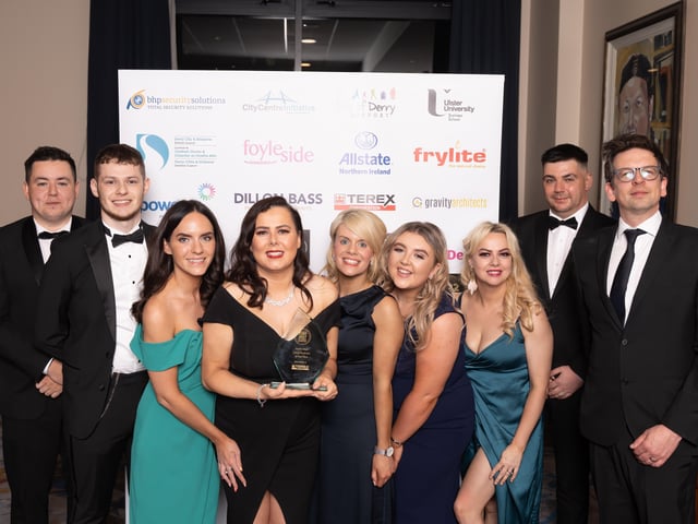 Catherine McDermott of FinTrU, winners of the NW Large Business of the year, pictured with the award sponsor Leona McGee of Terex and FinTrU staff, John Maguire, Brandon Connelly, Taleesha Clarke, Kathleen McDermott, Michelle Breslin, Rebecca Hamilton, Teresa Chada, Ciaran Boyle, Jim Staton.