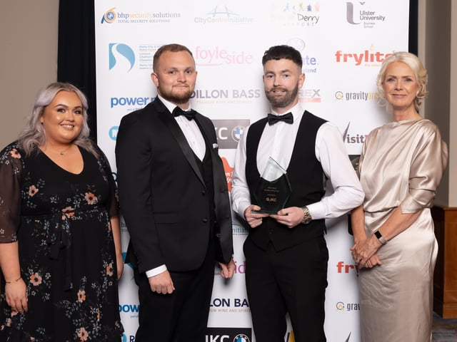 Christopher Ferry, Ferry Clever, winner of the NW Retailer of the Year award, pictured with the award sponsor Jordan Holmes of JKC, Ceara Ferguson, City Centre Initiative and Anna Doherty Londonderry Chamber of Commerce.