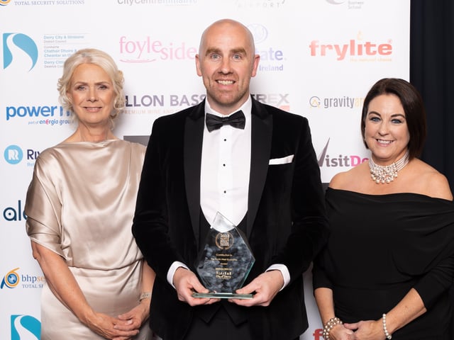 Brian ONeill, Enterprise NW, winners of the Contribution to the NW Economy and Brenda Morgan, award sponsor at City of Derry Airport.