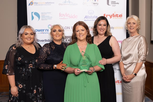 Michelle Doherty, Emma Davis, Selina Horshi of the Best Western Plus White Horse Hotel, winner of NW Hotel of the Year, award sponsored by Dillon Bass. Also pictured is Ceara Ferguson, City Centre Initiative, Anna Doherty, Londonderry Chamber of Commerce.