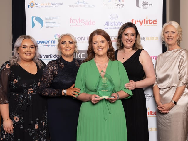 Michelle Doherty, Emma Davis, Selina Horshi of the Best Western Plus White Horse Hotel, winner of NW Hotel of the Year, award sponsored by Dillon Bass. Also pictured is Ceara Ferguson, City Centre Initiative, Anna Doherty, Londonderry Chamber of Commerce.