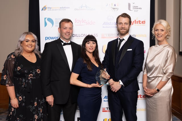 Rachel Melaugh, Michael Johnston of In Your Space, winners of the NW Creative Industry of the Year award, pictured with the award sponsor, Fergal Rafferty of Foyleside Shopping Centre, Ceara Ferguson, City Centre Initiative and Anna Doherty, Londonderry Chamber of Commerce.