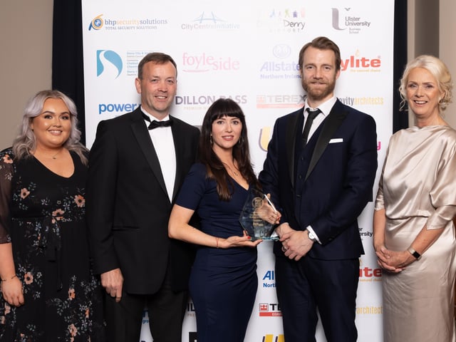 Rachel Melaugh, Michael Johnston of In Your Space, winners of the NW Creative Industry of the Year award, pictured with the award sponsor, Fergal Rafferty of Foyleside Shopping Centre, Ceara Ferguson, City Centre Initiative and Anna Doherty, Londonderry Chamber of Commerce.