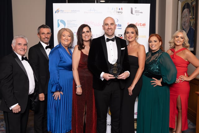 Charlie Kennedy, Charlie Kennedy, Sandra Wylie, Clare Muldoon, Brian O’Neill, Ava Sweeney, Victoria Killeen, Rachel Gallagher of Enterprise North West, winners of the Contribution to the NW Economy Award, pictured with the award sponsor, Brenda Morgan or City of Derry Airport, Ceara Ferguson, City Centre Initiative, Anna Doherty, Londonderry Chamber of Commerce.