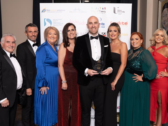 Charlie Kennedy, Charlie Kennedy, Sandra Wylie, Clare Muldoon, Brian O’Neill, Ava Sweeney, Victoria Killeen, Rachel Gallagher of Enterprise North West, winners of the Contribution to the NW Economy Award, pictured with the award sponsor, Brenda Morgan or City of Derry Airport, Ceara Ferguson, City Centre Initiative, Anna Doherty, Londonderry Chamber of Commerce.