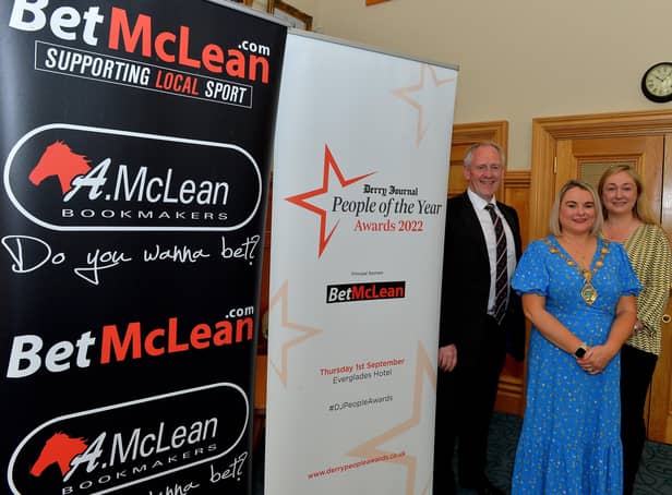 Mayor Sandra Duffy pictured with Paul McLean, managing director of BetMcLean and principal sponsor of the Derry Journal People of the Year Awards, and Louise Strain, Derry Journal. Photograph: George Sweeney.  DER2226GS – 013