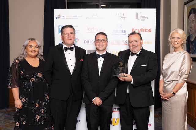 Patrick McKenna and Dr John T Doherty of JACE Medical, winners of the NW Excellence in Innovation award, pictured with awards sponsor, Feargus McCauley of Allstate, Ceara Ferguson, City Centre Initiative.