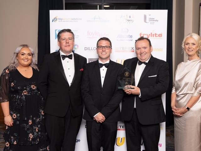 Patrick McKenna and Dr John T Doherty of JACE Medical, winners of the NW Excellence in Innovation award, pictured with awards sponsor, Feargus McCauley of Allstate, Ceara Ferguson, City Centre Initiative.