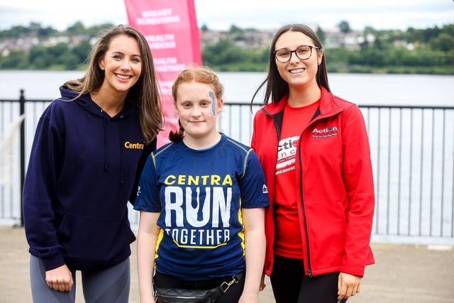Meabh Lenehan, assistant brand manager for Centra (left) and Nicola Bassett from Action Cancer (right), meet 11-year-old Abbey Davidson, who raised £510 for Action Cancer by cutting her hair short