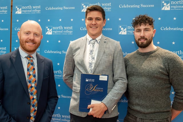 Gary McKinley pictured with BBC's Barra Best and special guest Danny Quigley during North West Regional College's Best in FE celebrations.