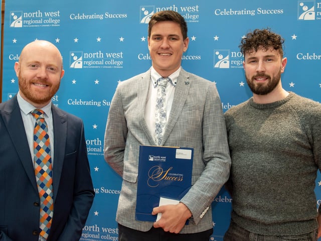 Gary McKinley pictured with BBC's Barra Best and special guest Danny Quigley during North West Regional College's Best in FE celebrations.