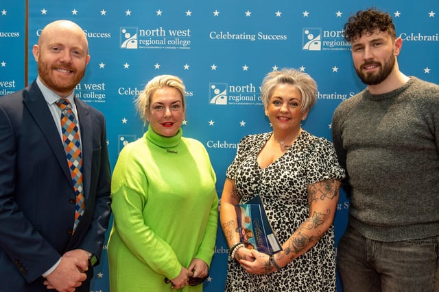 Michelle Dooher and Kerri Ann McDaid pictured with BBC's Barra Best and special guest Danny Quigley during North West Regional College's Best in FE celebrations.