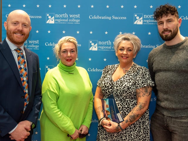 Michelle Dooher and Kerri Ann McDaid pictured with BBC's Barra Best and special guest Danny Quigley during North West Regional College's Best in FE celebrations.