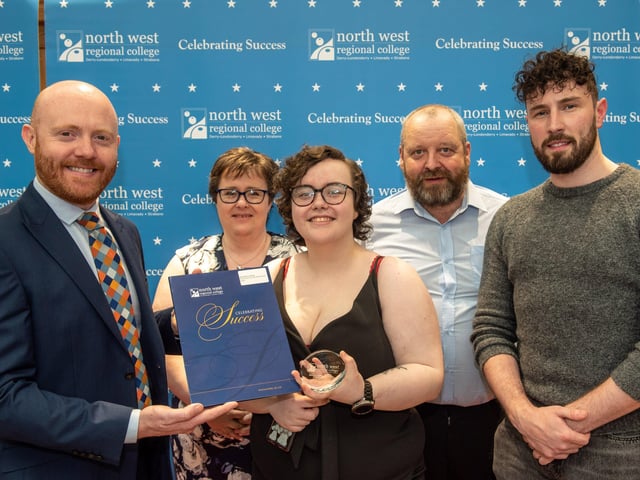 Amanda Lindsay and Catherine and Taylor pictured with BBC's Barra Best and special guest Danny Quigley during North West Regional College's Best in FE celebrations.