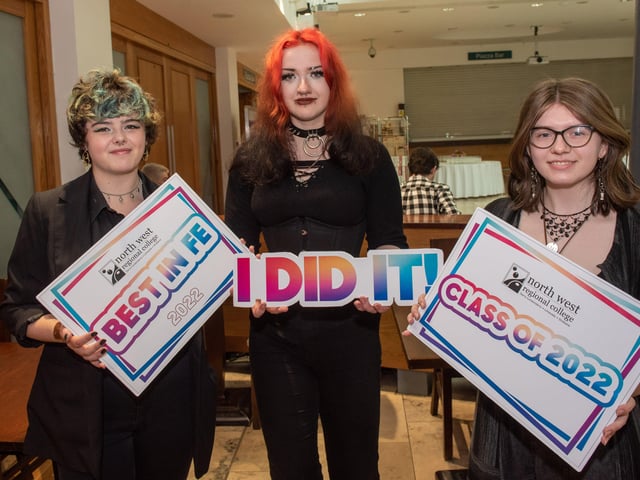 Charlie Mullan, Bishop Young, and Rebecca Thompson pictured during North West Regional College's Best in FE celebrations.