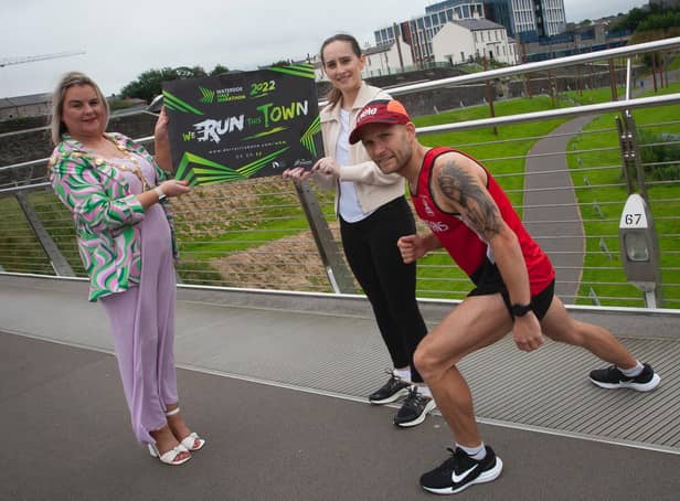 Mayor of Derry City and Strabane District Council Sandra Duffy pictured on Thursday at Ebrington for the launch of the Waterside Half Marathon 2022 ‘We Run This Town’. Included are Catherine Ashford, Festival and Events Department, Derry City and Strabane District Council and City of Derry Spartans runner and Strabane Lifford Half Marathon winner, Kyle Doherty.