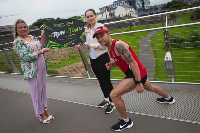 Mayor of Derry City and Strabane District Council Sandra Duffy pictured on Thursday at Ebrington for the launch of the Waterside Half Marathon 2022 ‘We Run This Town’. Included are Catherine Ashford, Festival and Events Department, Derry City and Strabane District Council and City of Derry Spartans runner and Strabane Lifford Half Marathon winner, Kyle Doherty.