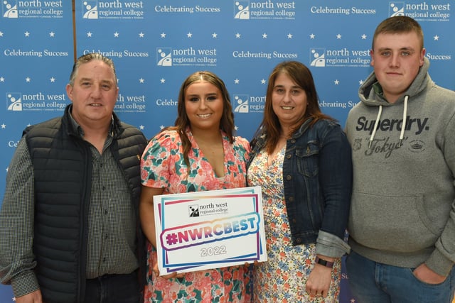 Kaira Oâ€TMDonnell from Ballybofey pictured with mum and dad Noel and Maria, and Joe, during North West Regional Collegeâ€TMs Best in FE celebrations.
