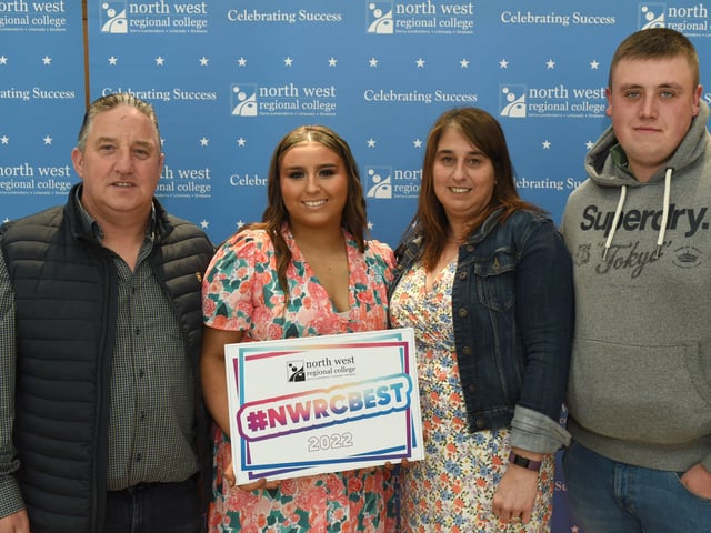 Kaira Oâ€TMDonnell from Ballybofey pictured with mum and dad Noel and Maria, and Joe, during North West Regional Collegeâ€TMs Best in FE celebrations.