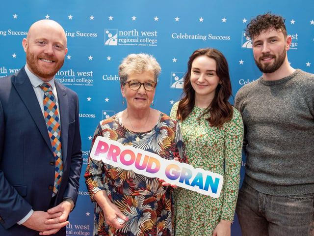 Proud Granny Kathleen Doherty and her grand daughter Amy Hutcheon pictured with BBC's Barra Best and special guest Danny Quigley during North West Regional College's Best in FE celebrations.
