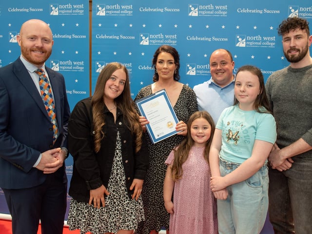 Amanda Courtney, husband Paul, children Hannah, Emily and Bethany, pictured with BBC's Barra Best and special guest Danny Quigley during North West Regional College's Best in FE celebrations.