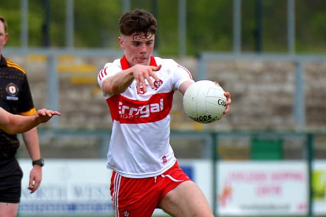 GOAL . . . Eoin Higgins grabbed a brilliant first half goal as Derry minors went down to Galway in Parnell Park. (Photo: George Sweeney)