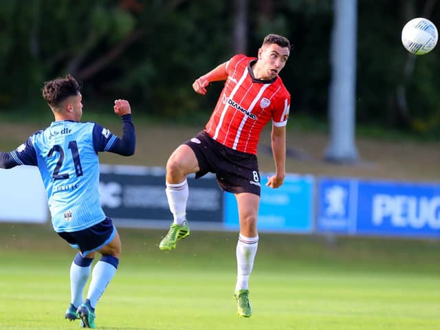 Derry City's Joe Thomson wins this header before UCD's Sean Brennan, during Friday night's game. Picture by Kevin Moore/MCI