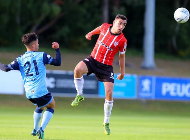 Derry City's Joe Thomson wins this header before UCD's Sean Brennan, during Friday night's game. Picture by Kevin Moore/MCI