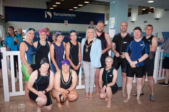 The Mayor pf Derry City and Strabane, Colr. Sandra Duffy pictured with some of the second wave of participants at Sunday's DQF Triathlon at Templemore.