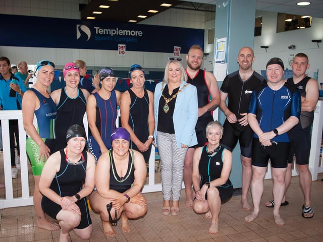 The Mayor pf Derry City and Strabane, Colr. Sandra Duffy pictured with some of the second wave of participants at Sunday's DQF Triathlon at Templemore.