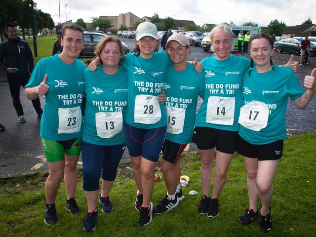 Happy finishers at Sunday's DQ Fund Try-A-Tri, Kate McLaughlin, Mairead Meenan, Orlaith Ward, Jennifer Quigley, Lisa Palmer and Rachel McColgan. (Photos; Jim McCafferty)