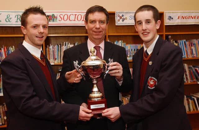 Frankie Orr, principal, with Kieran Harkin, left, and Kieran Connor, who both received the Principal's Cup for Leadership.