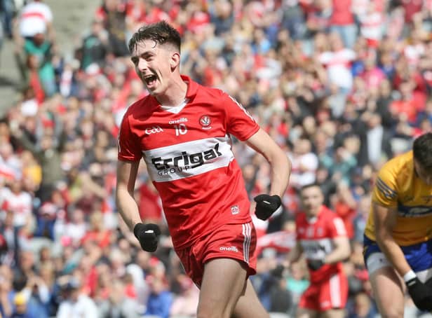 Derry's Paul Cassidy wheels away in celebration after his superb finish for Derry's third goal against Clare in Croke Park on Saturday.