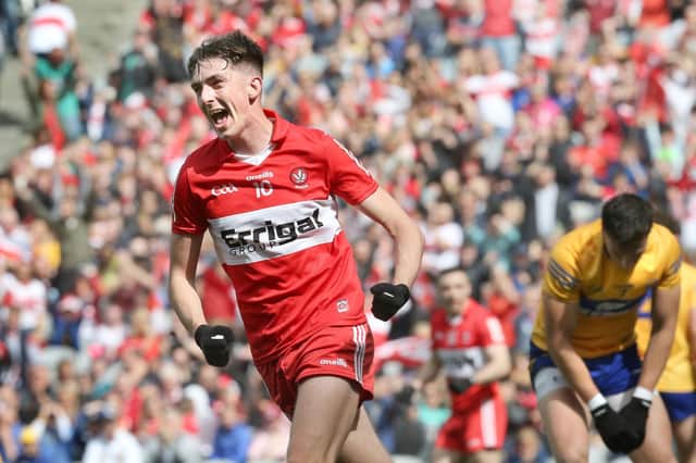 Derry's Paul Cassidy wheels away in celebration after his superb finish for Derry's third goal against Clare in Croke Park on Saturday.