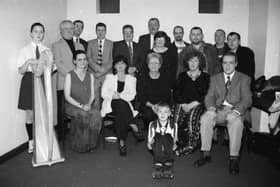 Some of the performers at the Creggan 50th Festival Midsummer Gala Evening held in St. Mary’s Community Centre. Seated, from left, are Mary Crumley, festival organiser, Bernadette McFarland, Teresa Moore, Patricia Mulkeen (The Creggan Belles), and John Peoples, director, St. Mary’s Choir. Back, from left, are Aine McDevitt, Jim McDermott, Pat Lynch, Gerry Doherty, Eddie Kerr, Kevin McCallion, cast of ‘The Walls of Derry’, Cora Baker, producer, Dougal McPartland, Phil McGerigal, Paddy Nash and Declan McLaughlin (Screaming Binlids). At front is Kevin Kerr.
