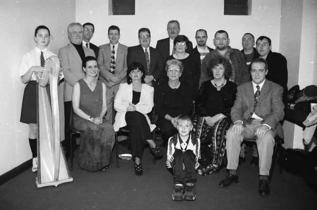 Some of the performers at the Creggan 50th Festival Midsummer Gala Evening held in St. Mary’s Community Centre. Seated, from left, are Mary Crumley, festival organiser, Bernadette McFarland, Teresa Moore, Patricia Mulkeen (The Creggan Belles), and John Peoples, director, St. Mary’s Choir. Back, from left, are Aine McDevitt, Jim McDermott, Pat Lynch, Gerry Doherty, Eddie Kerr, Kevin McCallion, cast of ‘The Walls of Derry’, Cora Baker, producer, Dougal McPartland, Phil McGerigal, Paddy Nash and Declan McLaughlin (Screaming Binlids). At front is Kevin Kerr.