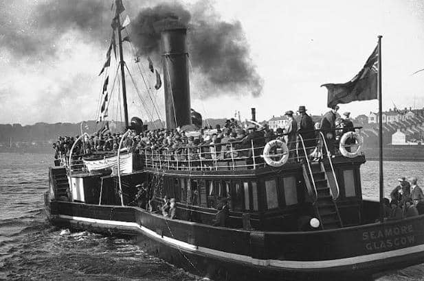 Anchor Line’s paddle tender Seamore, under full head of steam, departs Derry quay with over 300 emigrants and heads downstream to connect with a transatlantic liner, anchored off Moville. In May 1928, the Anchor Line had acquired the Clyde Shipping Company’s tug-tender America and renamed her Seamore. The Seamore was a typical tug-tender, an iron paddle steamer with one funnel and a small saloon for passengers on her after deck. Until 1939, when transatlantic liners ceased calling in Lough Foyle, the Seamore ferried passengers, emigrants and tourists between Derry and Moville. (Bigger and McDonald Collection, POR 12-14, Libraries NI)