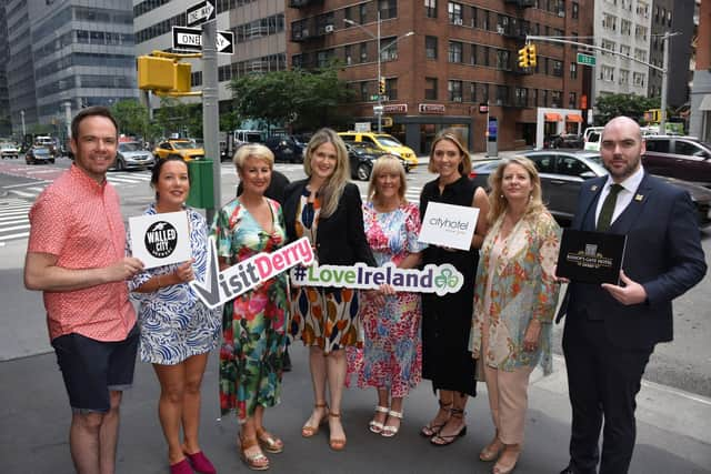 James and Louise Huey, Walled City Brewery; Karen Henderson, Visit Derry; Dana Welch, Tourism Ireland; Maria McDermott, Visit Derry; Linda Lynch, City Hotel Derry; Ruth Moran, Tourism Ireland and Michael Farrell. Bishop's Gate Hote,l in New York City for an event organised by Tourism Ireland to shine a spotlight on Derry.