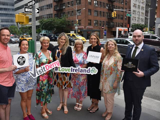 James and Louise Huey, Walled City Brewery; Karen Henderson, Visit Derry; Dana Welch, Tourism Ireland; Maria McDermott, Visit Derry; Linda Lynch, City Hotel Derry; Ruth Moran, Tourism Ireland and Michael Farrell. Bishop's Gate Hote,l in New York City for an event organised by Tourism Ireland to shine a spotlight on Derry.