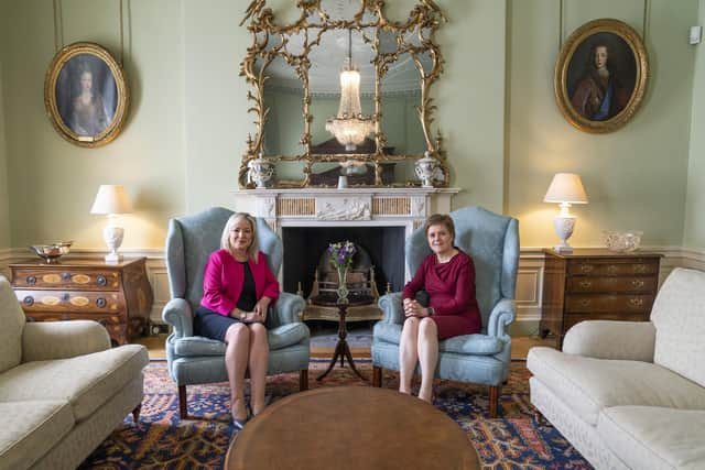 EDINBURGH, SCOTLAND - MAY 20: First Minister Nicola Sturgeon (R) and Sinn Fein Vice President Michelle O'Neill ahead of a meeting at Bute House on May 20, 2022 in Edinburgh, Scotland. O'Neill became the leader of the largest party in the Northern Ireland Assembly after recent elections. O'Neill and Sturgeon met to discuss areas of common ground including the cost of living crisis, the Northern Ireland Protocol and the formation of the new Northern Ireland Executive. (Photo by Jane Barlow - Pool / Getty Images)