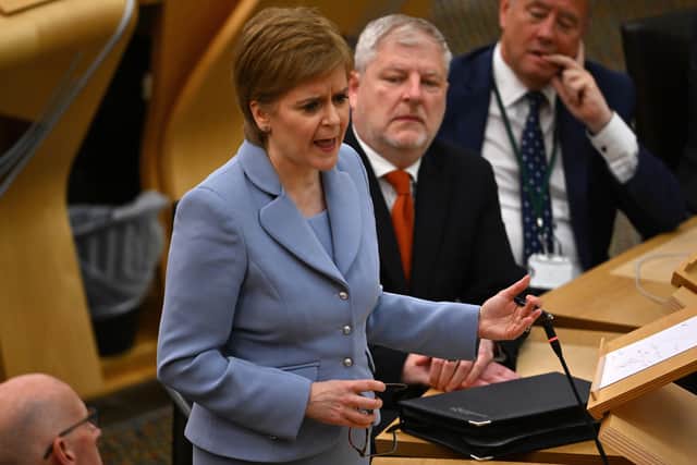 EDINBURGH, SCOTLAND - JUNE 28: Scotland's First Minister Nicola Sturgeon addresses MSPs at Holyrood on June 28, 2022 in Edinburgh, Scotland. Sturgeon has justified her call for a new independence referendum by citing changes to the state of the UK since the "Indy Ref", coupled with a perceived mandate from the last Scottish elections. (Photo by Jeff J Mitchell/Getty Images)