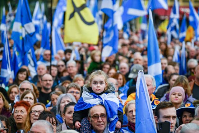 GLASGOW, SCOTLAND - NOVEMBER 02: Independence supporters gather at an IndyRef2 rally in George Square on November 2, 2019 in Glasgow,Scotland. Scottish First Minister Nicola Sturgeon, who will address the crowd, has claimed independence is "within touching distance" ahead of a speech to supporters at a major rally in Glasgow. (Photo by Jeff J Mitchell/Getty Images)