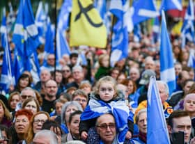 GLASGOW, SCOTLAND - NOVEMBER 02: Independence supporters gather at an IndyRef2 rally in George Square on November 2, 2019 in Glasgow,Scotland. Scottish First Minister Nicola Sturgeon, who will address the crowd, has claimed independence is "within touching distance" ahead of a speech to supporters at a major rally in Glasgow. (Photo by Jeff J Mitchell/Getty Images)