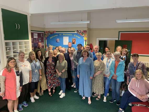 Noeleen O’Kane’s family, friends, former colleagues and trade unionists gather in the Ardnashee College staff room for the launch of ‘Noeleen’s Corner’.