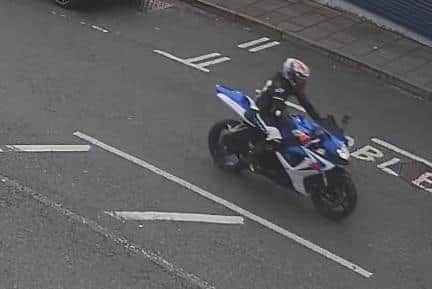 Officers are keen for the rider of a blue and white coloured Suzuki GSXR motorcycle to contact them.