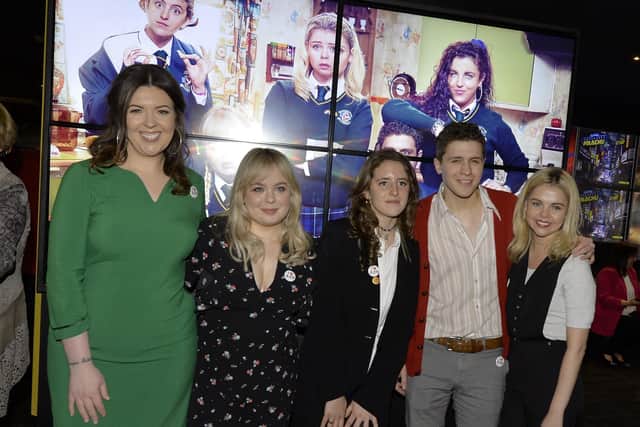 Derry Girls, writer Lisa McGee, on the left, and actors Nicola Coughlan, Louisa Harlandm Dylan Llewellyn and Saoirse Jackson pictured at the Derry Girls premier held in The Omniplex Cinema, Strand Road last night. DER0819GS-001