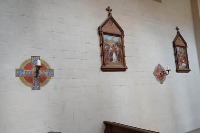 Celtic crosses inside the Irish monastery of St. James.